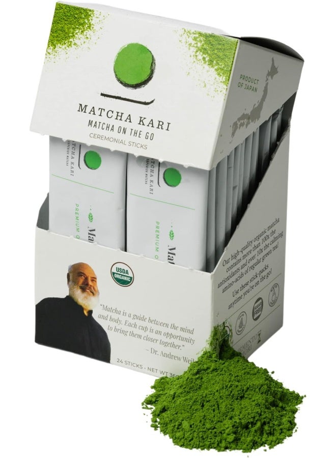 Matcha Kari Matcha Green Tea Powder Single Serving Sticks, Dr. Weil's Ceremonial Organic Matcha Powder Singles Packets - Individual Tea Packets (24) - Image 1